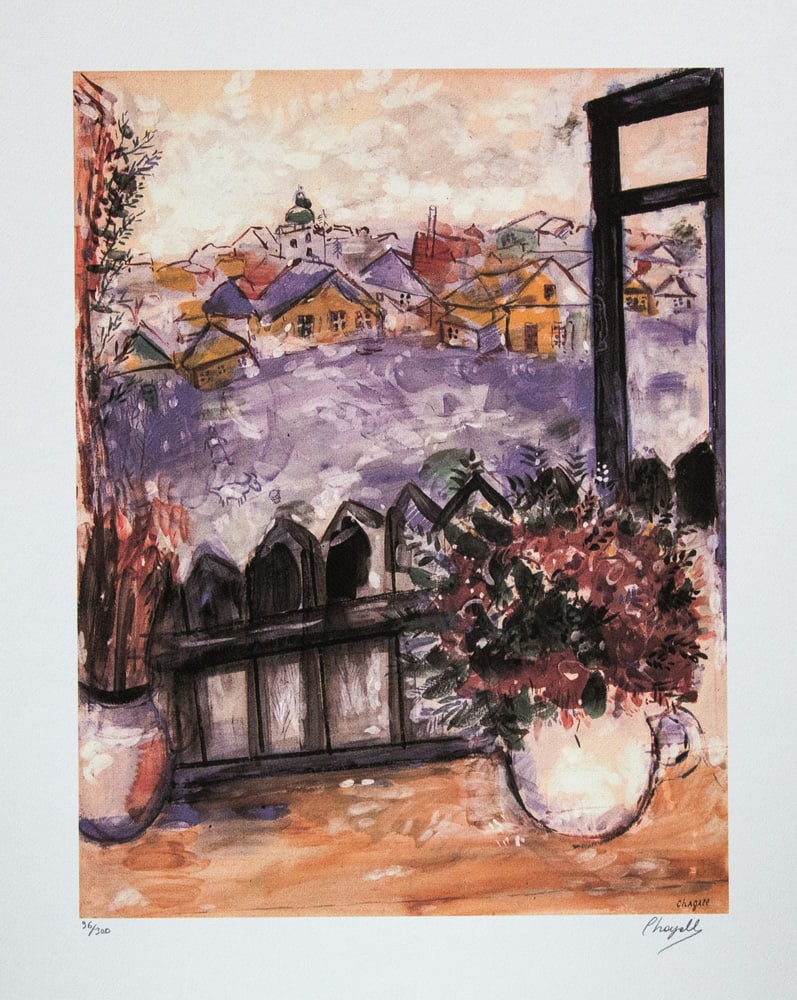 Marc Chagall 'View from the Window': Marc Chagall (after) 'View from the Window' offset lithograph, signed bottom right, numbered with pencil bottom left, limited edition 96/300, bottom left embossing stamp 'SPADEM Paris' heavy cotton
