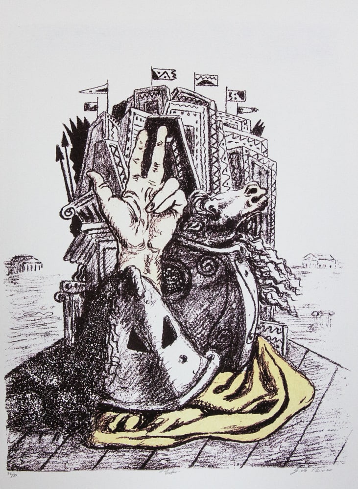 Giorgio De Chirico 'Trophy': Giorgio De Chirico (after) 'Trophy' offset lithograph in colors, cotton paper, sheet size 50 x 70 cm, numbered bottom left with pencil, limited edition 76/80, signed bottom right, pencil 'G. De
