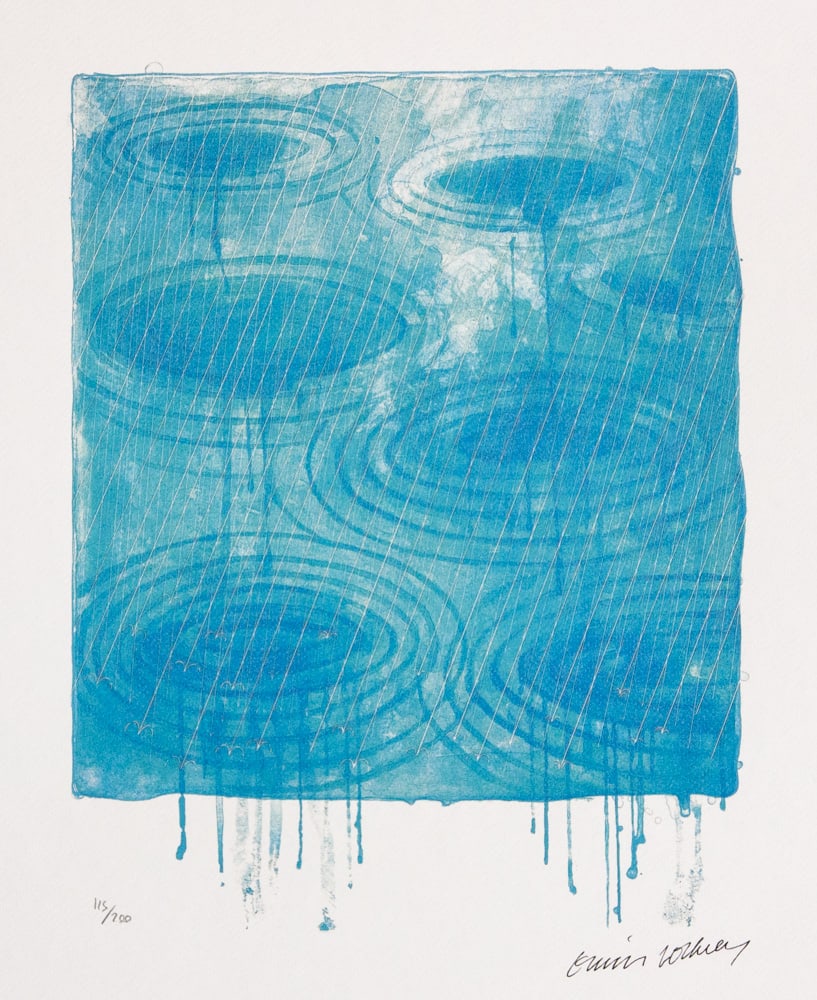 David Hockney 'Rain': David Hockney (after) 'Rain' limited edition of 200, lithography print, plate signed bottom right, numbered with pencil bottom left 115/200, heavy cotton paper, with embossing stamp 'SPADEM, Paris',