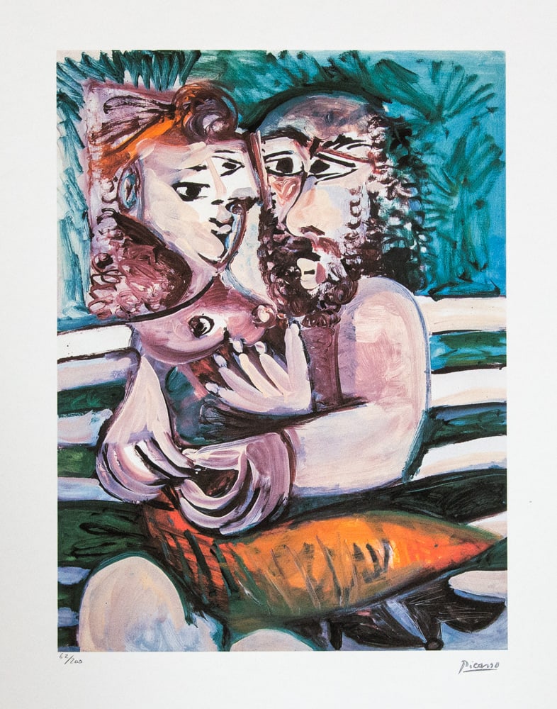 Pablo Picasso 'Couple Sitting on a Bench': Pablo Picasso (after) 'Couple Sitting on a Bench' lithograph print, limited edition of 200, sheet size 50 x 70 cm, plate signed bottom right, numbered with pencil bottom left 62/200, wove paper with