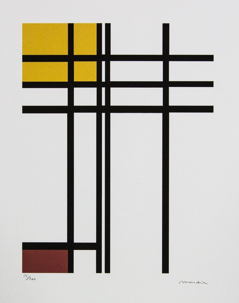 Piet Mondrian 'Opposition of Lines, Red and Yellow': Piet Mondrian (after) 'Opposition of Lines, Red and Yellow' lithography print, plate signed bottom right, numbered with pencil bottom left, limited edition 151/200, bottom left publishing house stamp