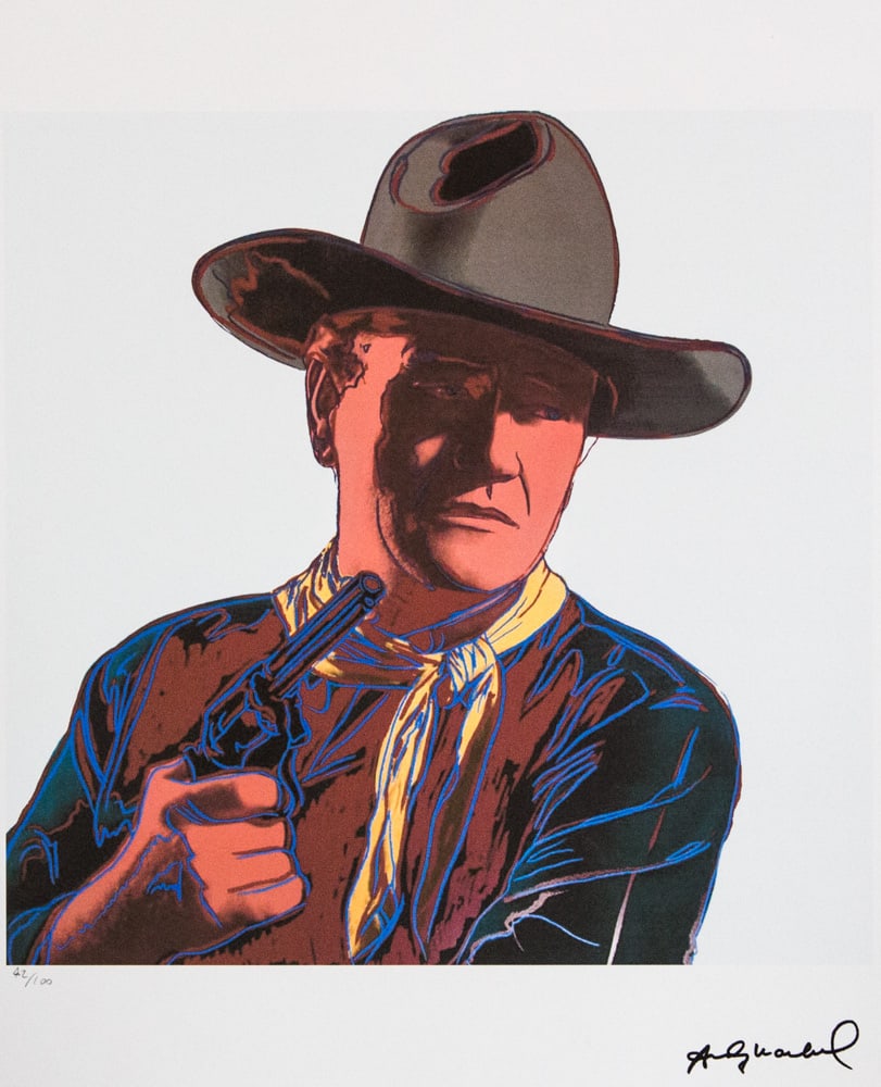 Andy Warhol 'John Wayne': Andy Warhol (after) 'John Wayne' offset lithograph in colors on Arches paper, sheet size 38,5 x 57 cm, plate signed bottom right, numbered with pencil, limited edition 42/100 (Leo Castelli, Art Galler