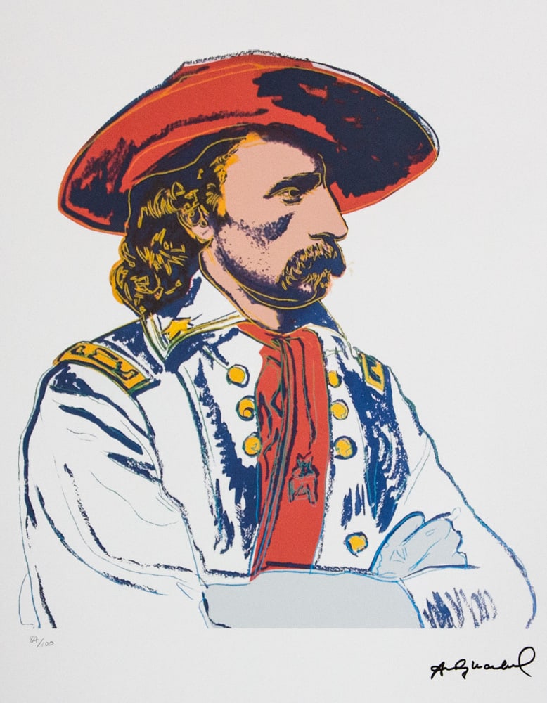 Andy Warhol 'General Custer': Andy Warhol (after) 'General Custer' offset lithograph in colors on Arches paper, sheet size 38,5 x 57 cm, plate signed bottom right, numbered with pencil, limited edition 84/100 (Leo Castelli, Art
