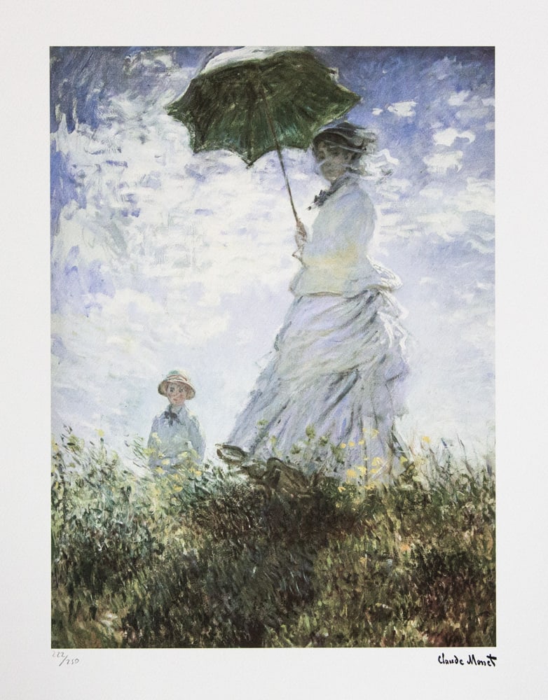 Claude Monet 'Woman with a Parasol': Claude Monet (after) 'Woman with a Parasol' lithography print, sheet size 50 x 70 cm, plate signed bottom right, numbered with pencil bottom left, limited edition 222/250, with embossing stamp