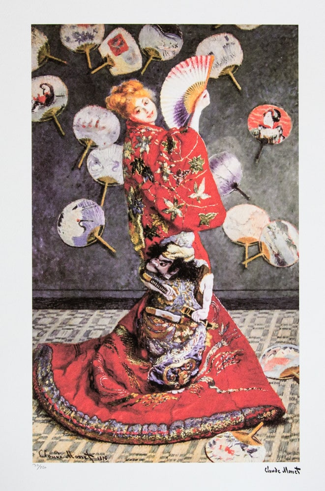 Claude Monet 'La Japonaise': Claude Monet (after) 'La Japonaise' lithography print, sheet size 50 x 70 cm, plate signed bottom right, numbered with pencil bottom left, limited edition 30/250, with embossing stamp 'SPADEM,