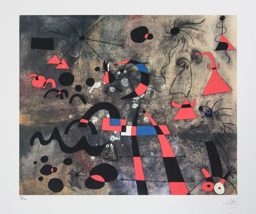 Joan Miro 'The Escape Ladder': Joan Miro (after) 'The Escape Ladder' lithography print, sheet size 56 x 76 cm, plate signed bottom right, numbered with pencil bottom left, limited edition 9/150, bottom right publishing house stamp