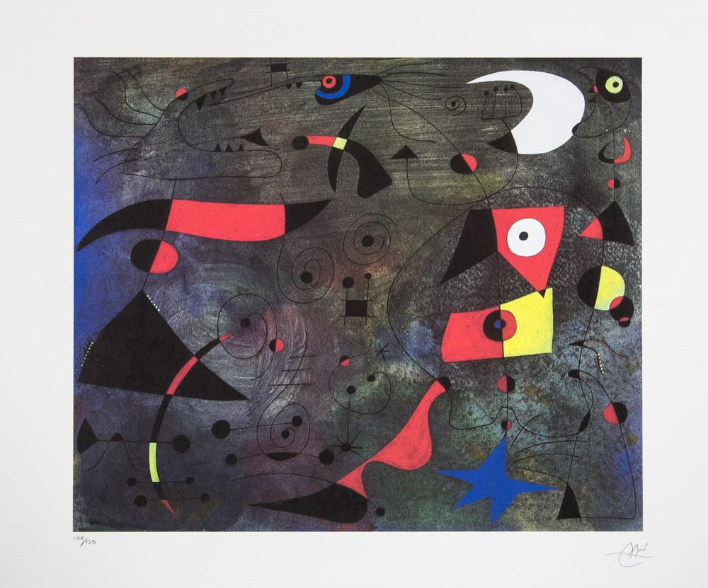 Joan Miro 'Constellations. Woman and Birds': Joan Miro (after) 'Constellations. Woman and Birds' lithography print, sheet size 56 x 76 cm, plate signed bottom right, numbered with pencil bottom left, limited edition 100/150, bottom right