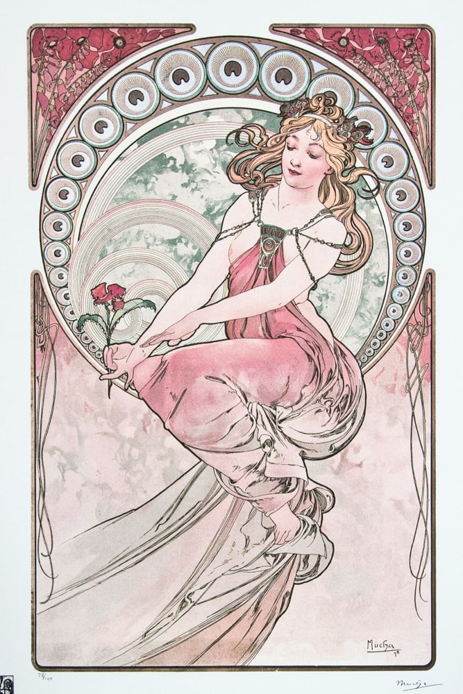 Alphonse Mucha 'The Four Arts - Painting': Alphonse Mucha (after) 'The Four Arts - Painting' lithography print, sheet size 50 x 70 cm, plate signed bottom right, numbered with pencil bottom left, limited edition 28/100, bottom left publishing