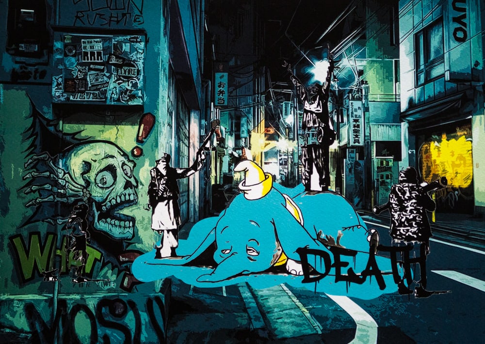 DEATH NYC SIGNED FINE ART PRINT W/COA: DEATH NYC Signed Fine Art Print with COA , DEATH NYC is a New York City-based street artist. Her pseudonym is an acronym for 'Don't Easily Abandon the Hope'. Print is blind stamped, comes with