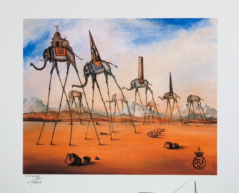Salvador Dali 'Elephants Giraffe': Salvador Dali (after) 'Elephants Giraffe' offset lithography, sheet size 50 x 65 cm, heavy paper with watermark BFK Rives France, signed bottom right, pencil 'Dali', numbered with pencil bottom left