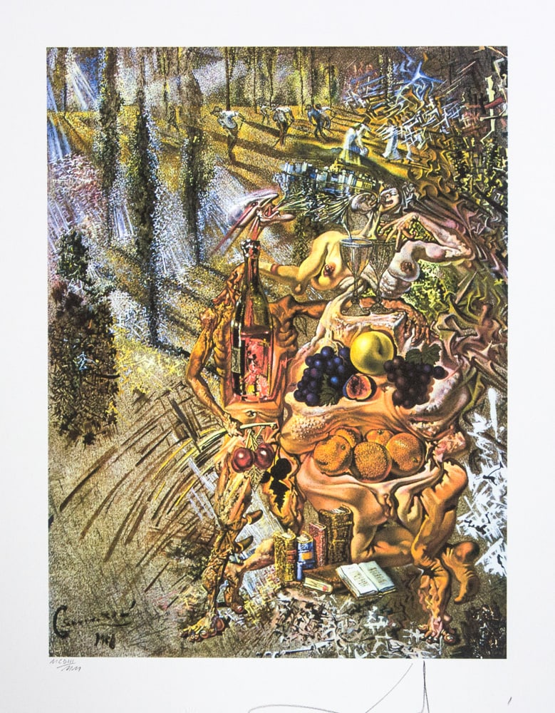 Salvador Dali 'Dionysus Spitting the Complete Image of Cadaqués...': Salvador Dali (after) 'Dionysus Spitting the Complete Image of Cadaqués on the Tip of the Tongue of a Three-Storied Gaudinian Woman' offset lithography, sheet size 50 x 65 cm, heavy paper with