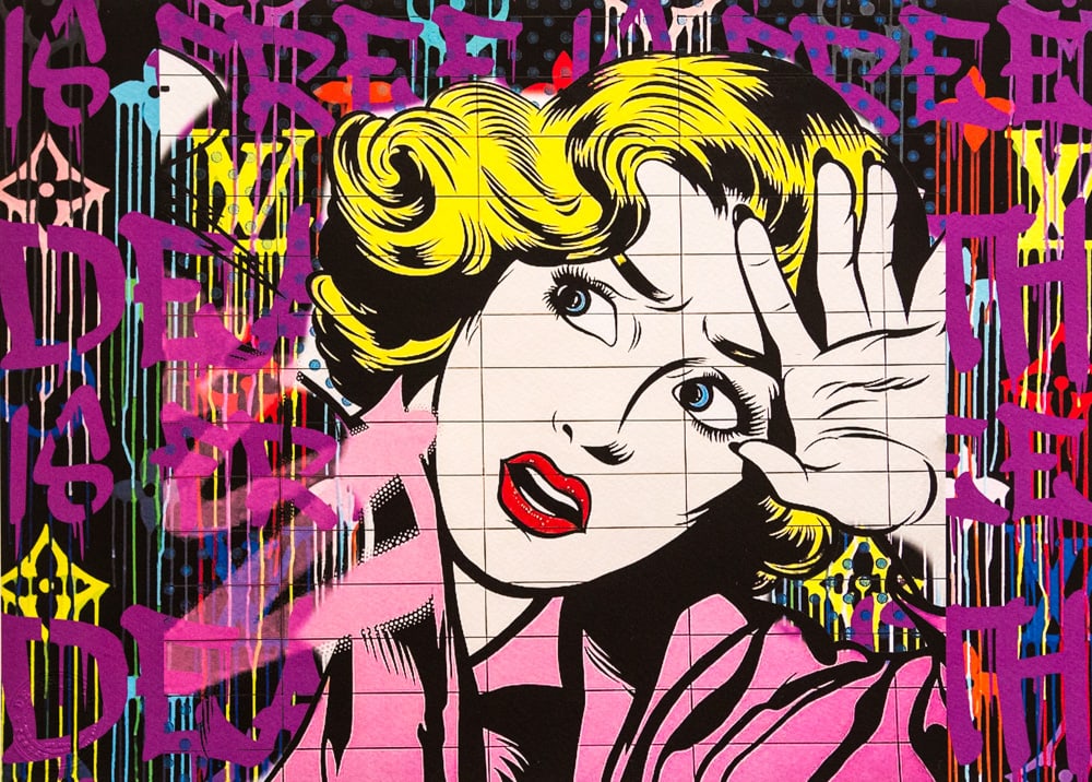 DEATH NYC SIGNED FINE ART PRINT W/COA: DEATH NYC Signed Fine Art Print with COA , DEATH NYC is a New York City-based street artist. Her pseudonym is an acronym for 'Don't Easily Abandon the Hope'. Print is blind stamped, comes with