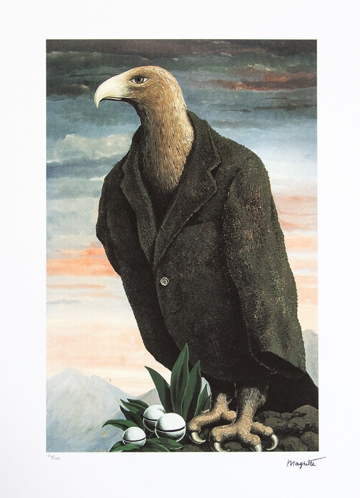 Rene Magritte 'The Present': Rene Magritte (after) 'The Present' lithography print, limited edition of 100, plate signed bottom right, numbered with pencil bottom left 20/100, bottom left publishing house stamp 'SPADEM, Paris',