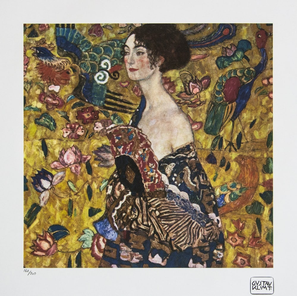 Gustav Klimt 'Lady with Fan': Gustav Klimt (after) 'Lady with Fan' limited edition of 200, lithograph print, plate signed bottom right, numbered with pencil bottom left 162/200, fine art paper, with La TREC Spa embossing, sheet