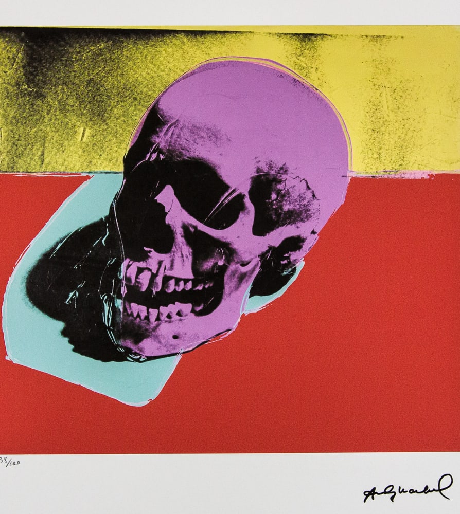 Andy Warhol 'Skull': Andy Warhol (after) 'Skull' offset lithograph in colors on Arches paper, sheet size 38,5 x 57 cm, plate signed bottom right, numbered with pencil, limited edition 38/100 (Leo Castelli, Art Gallery New