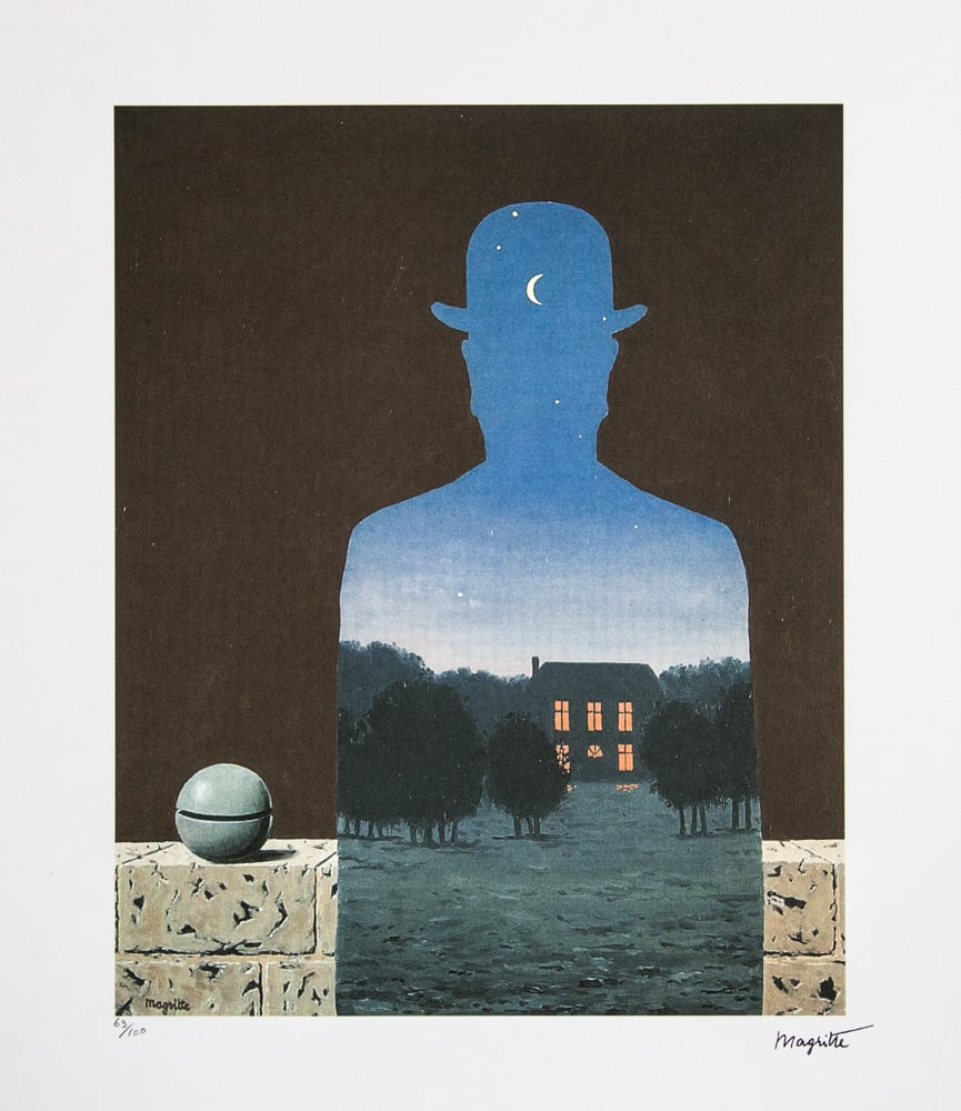 Rene Magritte 'The Happy Donor': Rene Magritte (after) 'The Happy Donor' lithography print, limited edition of 100, plate signed bottom right, numbered with pencil bottom left 69/100, bottom left publishing house stamp 'SPADEM,