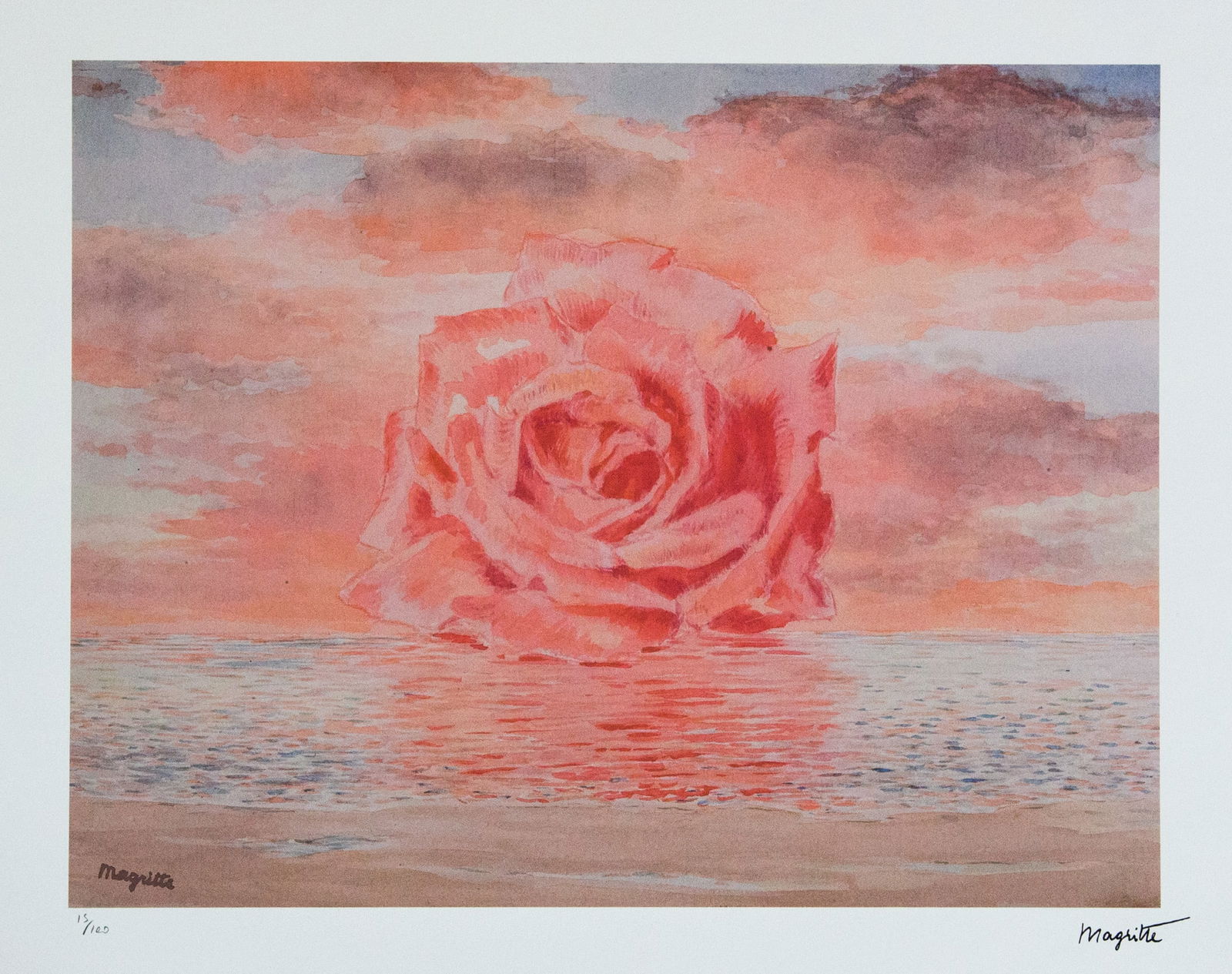 Rene Magritte 'The Invitation to Travel': Rene Magritte (after) 'The Invitation to Travel' lithography print, limited edition of 100, plate signed bottom right, numbered with pencil bottom left 15/100, bottom left publishing house stamp