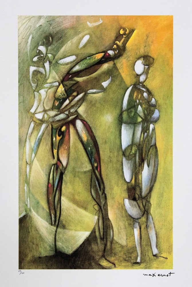 Max Ernst 'Dancers Under the Starry Sky': Max Ernst (after) 'Dancers Under the Starry Sky' lithography print, sheet size 50 x 70 cm, plate signed bottom right, numbered with pencil bottom left, limited edition 49/100, bottom left publishing