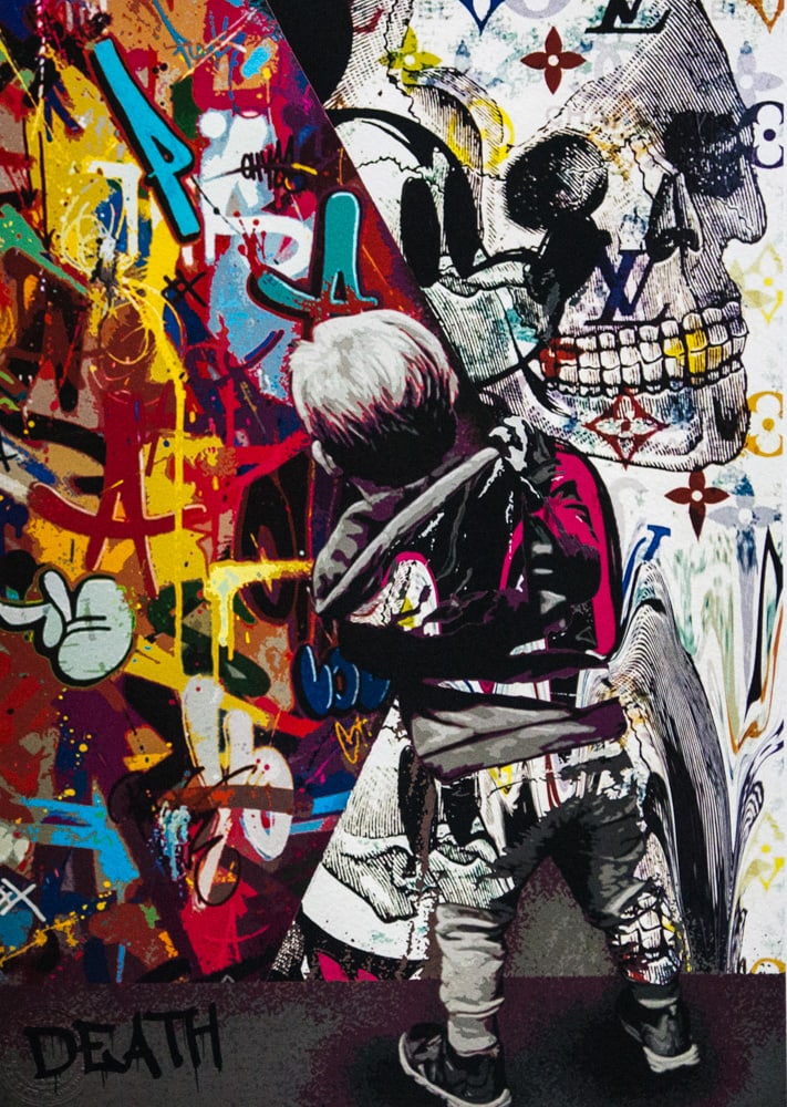 DEATH NYC SIGNED FINE ART PRINT W/COA: DEATH NYC Signed Fine Art Print with COA , DEATH NYC is a New York City-based street artist. Her pseudonym is an acronym for 'Don't Easily Abandon the Hope'. Print is blind stamped, comes with