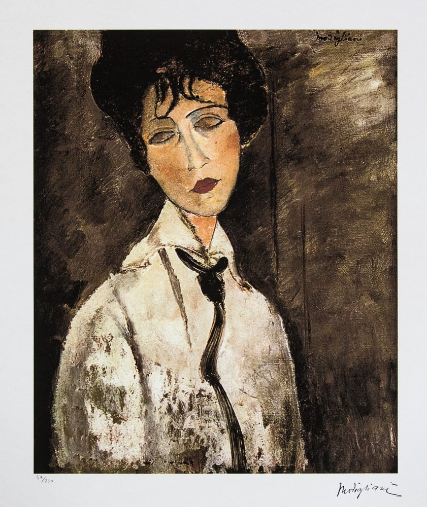 Amadeo Modigliani 'Portrait of Woman in a Black Tie': Amadeo Modigliani (after) 'Portrait of Woman in a Black Tie' lithography print, plate signed bottom right, numbered with pencil bottom left, limited edition 57/250, heavy paper, sheet size 70 x 50