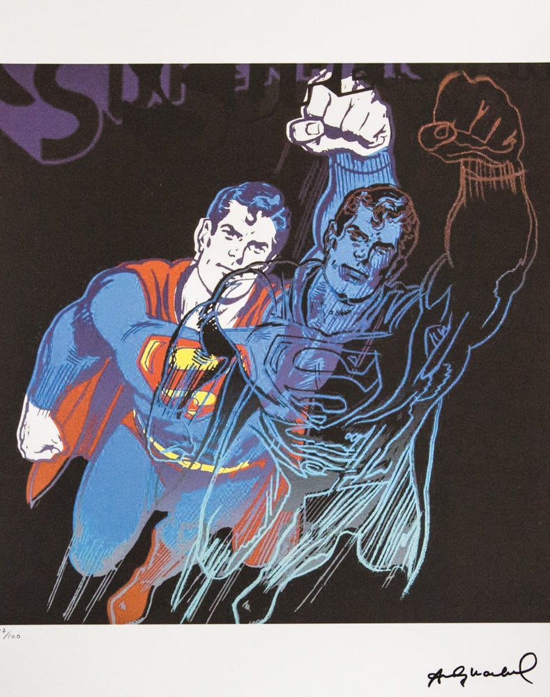Andy Warhol 'Superman': Andy Warhol (after) 'Superman' offset lithograph in colors on Arches paper, sheet size 38,5 x 57 cm, plate signed bottom right, numbered with pencil, limited edition 17/100 (Leo Castelli, Art Gallery