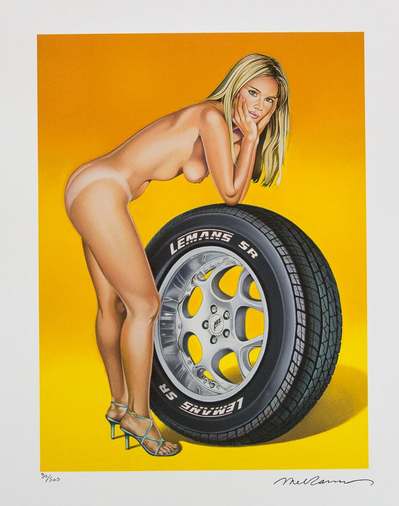 Mel Ramos 'Tyra Tire': Mel Ramos (after) 'Tyra Tire' offset lithograph in colors on Arches paper, sheet size 38,5 x 57 cm, plate signed bottom right, numbered with pencil, limited edition 90/500, Georges Israel Editeur,