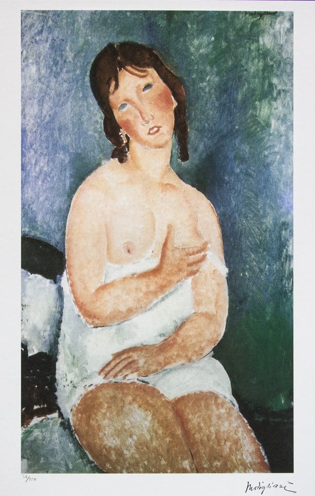 Amadeo Modigliani 'Young Woman in a Shirt': Amadeo Modigliani (after) 'Young Woman in a Shirt' lithography print, plate signed bottom right, numbered with pencil bottom left, limited edition 36/250, heavy paper, sheet size 70 x 50 cm, without