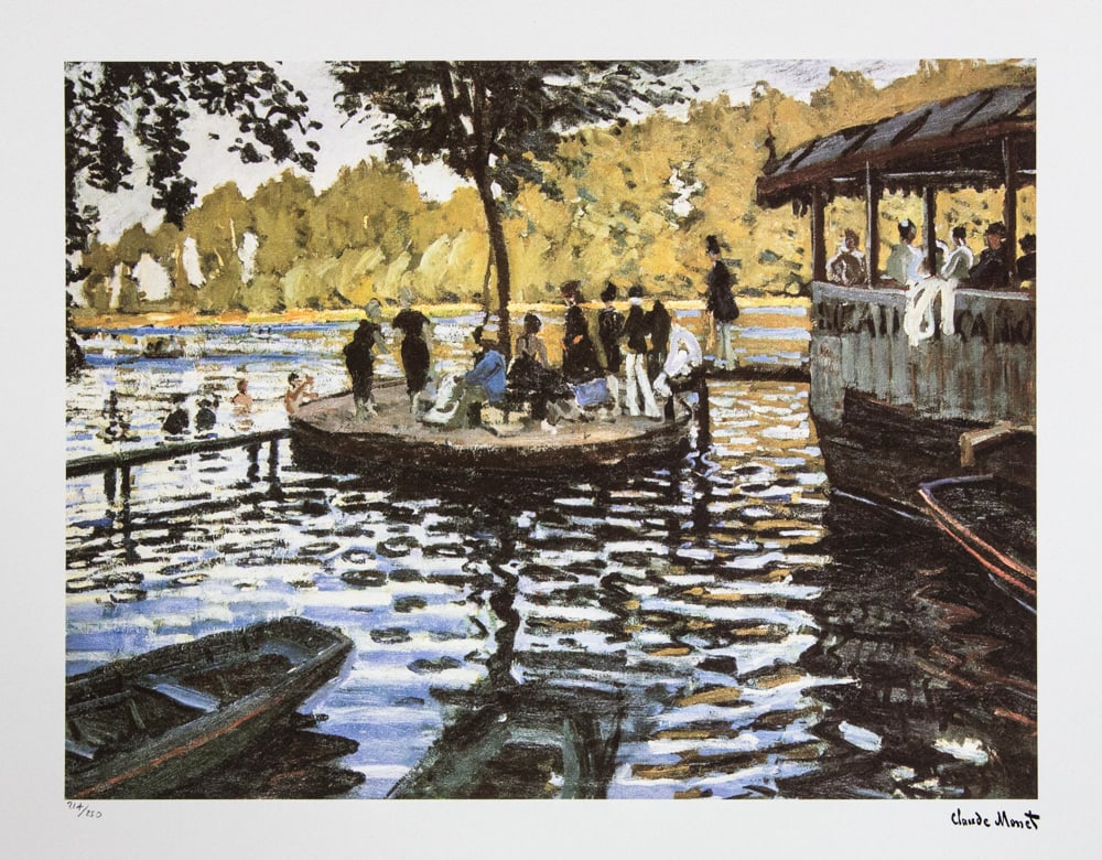 Claude Monet 'The Grenouillere': Claude Monet (after) 'The Grenouillere' lithography print, sheet size 50 x 70 cm, plate signed bottom right, numbered with pencil bottom left, limited edition 214/250, with embossing stamp 'SPADEM,