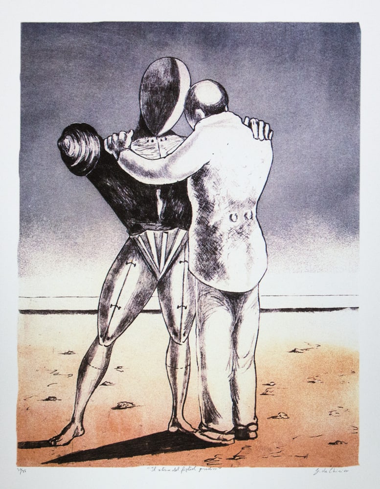 Giorgio De Chirico 'The Prodigal Son': Giorgio De Chirico (after) 'The Prodigal Son' offset lithograph in colors, cotton paper, sheet size 50 x 70 cm, numbered bottom left with pencil, limited edition 30/95, signed bottom right, pencil