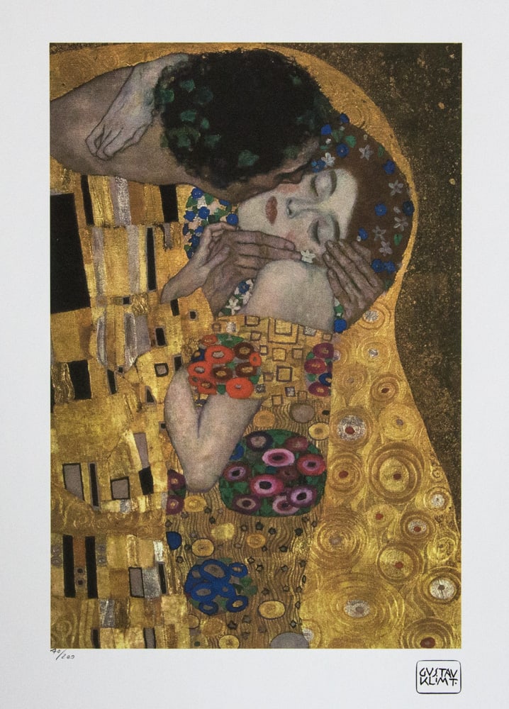 Gustav Klimt 'The Kiss': Gustav Klimt (after) 'The Kiss' limited edition of 200, lithograph print, plate signed bottom right, numbered with pencil bottom left 70/200, fine art paper, with La TREC Spa embossing, sheet size: