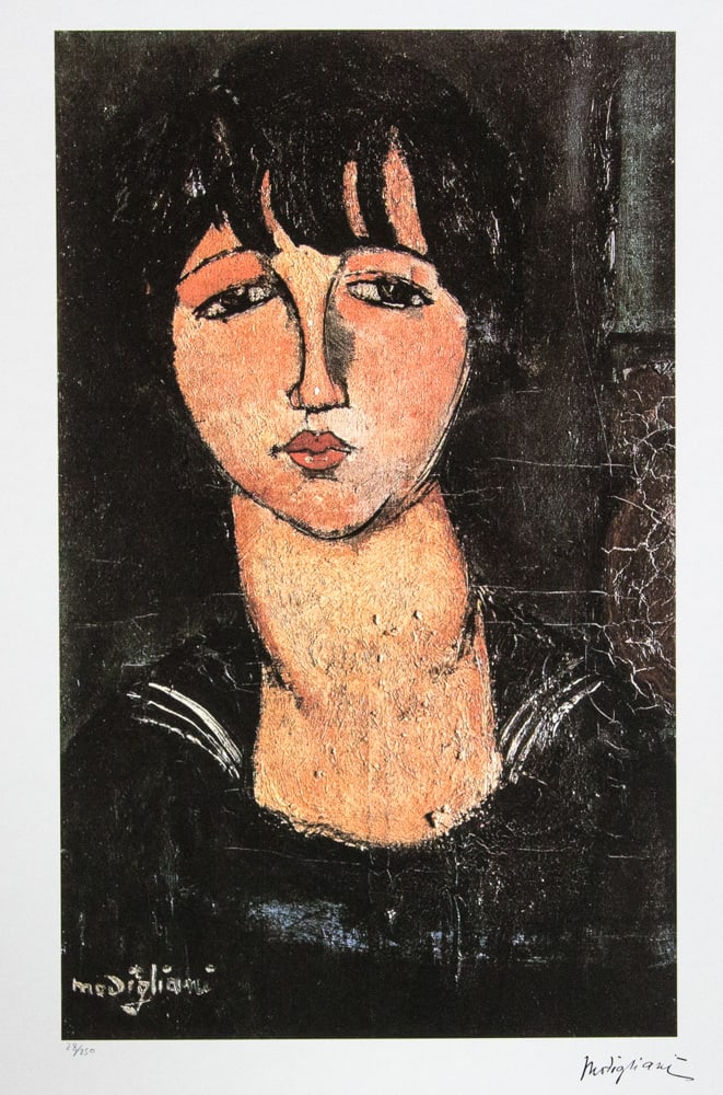 Amadeo Modigliani 'The Girl with the Sailor Collar': Amadeo Modigliani (after) 'The Girl with the Sailor Collar' lithography print, plate signed bottom right, numbered with pencil bottom left, limited edition 28/250, heavy paper, sheet size 70 x 50 cm,