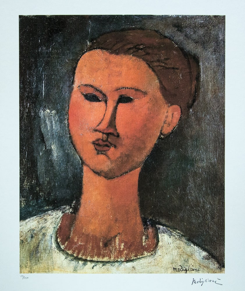 Amadeo Modigliani 'Woman's Head': Amadeo Modigliani (after) 'Woman's Head' lithography print, plate signed bottom right, numbered with pencil bottom left, limited edition 29/250, heavy paper, sheet size 70 x 50 cm, without additional