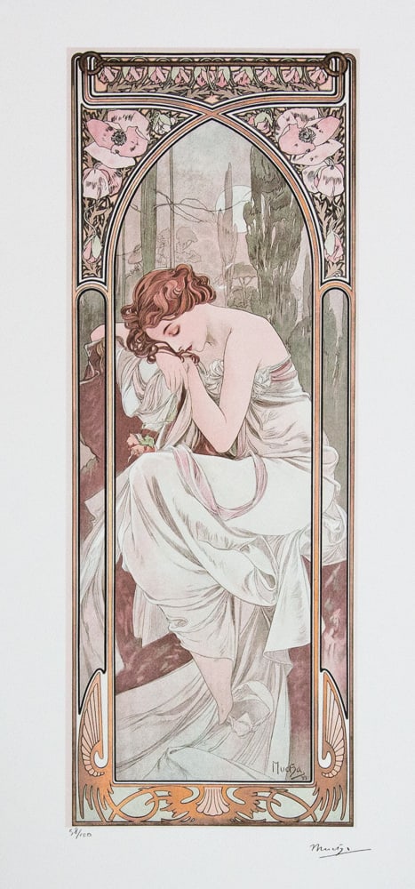 Alphonse Mucha 'Night's Rest': Alphonse Mucha (after) 'Night's Rest' lithography print, sheet size 50 x 70 cm, plate signed bottom right, numbered with pencil bottom left, limited edition 58/100, bottom left publishing house stamp
