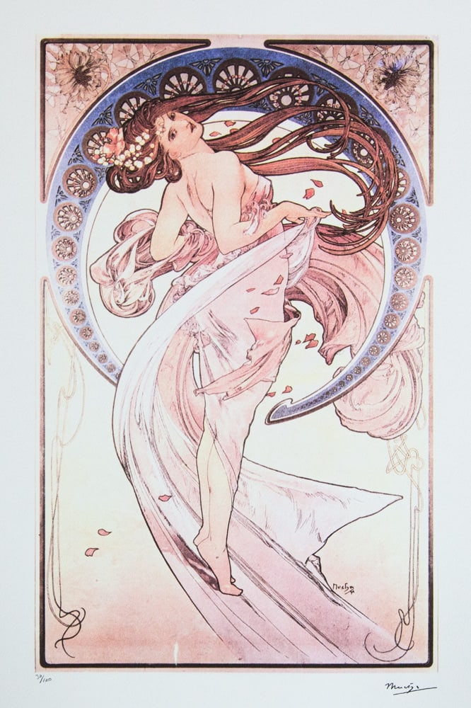Alphonse Mucha 'The Four Arts - Dance': Alphonse Mucha (after) 'The Four Arts - Dance' lithography print, sheet size 50 x 70 cm, plate signed bottom right, numbered with pencil bottom left, limited edition 30/100, bottom left publishing hou