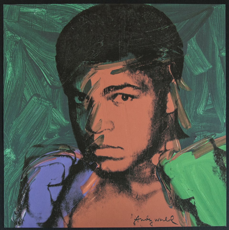 Andy Warhol 'Muhammad Ali': Andy Warhol (after) 'Muhammad Ali' offset lithography, size 60 x 60 cm, plate signed bottom right, numbered with pencil, limited edition 324/2400, heavy paper, stamped with CMOA on the back (Carnegie