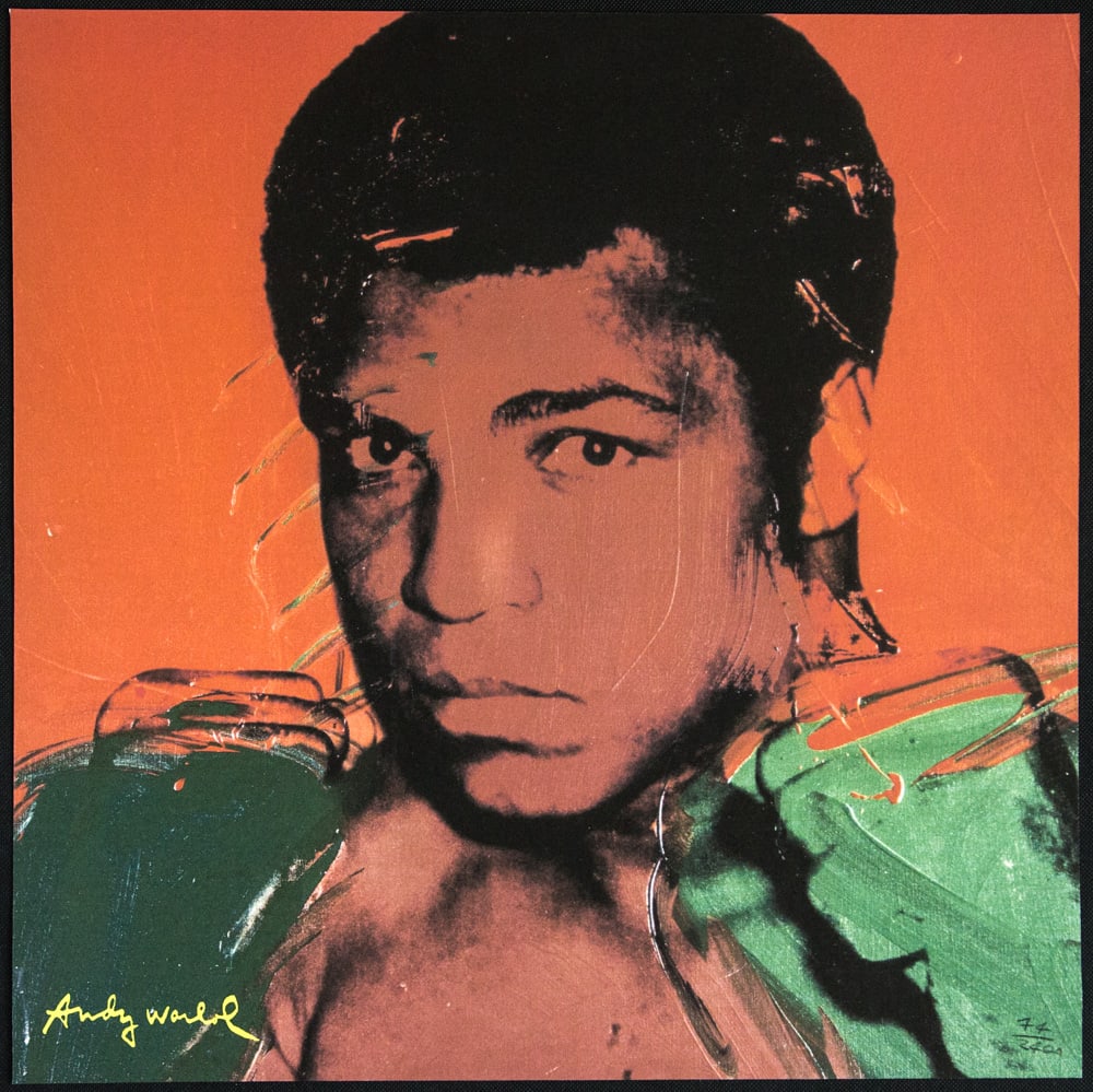 Andy Warhol 'Muhammad Ali': Andy Warhol (after) 'Muhammad Ali' offset lithography, size 60 x 60 cm, plate signed bottom left, numbered with pencil, limited edition 74/2400, heavy paper, stamped with CMOA on the back (Carnegie Mu