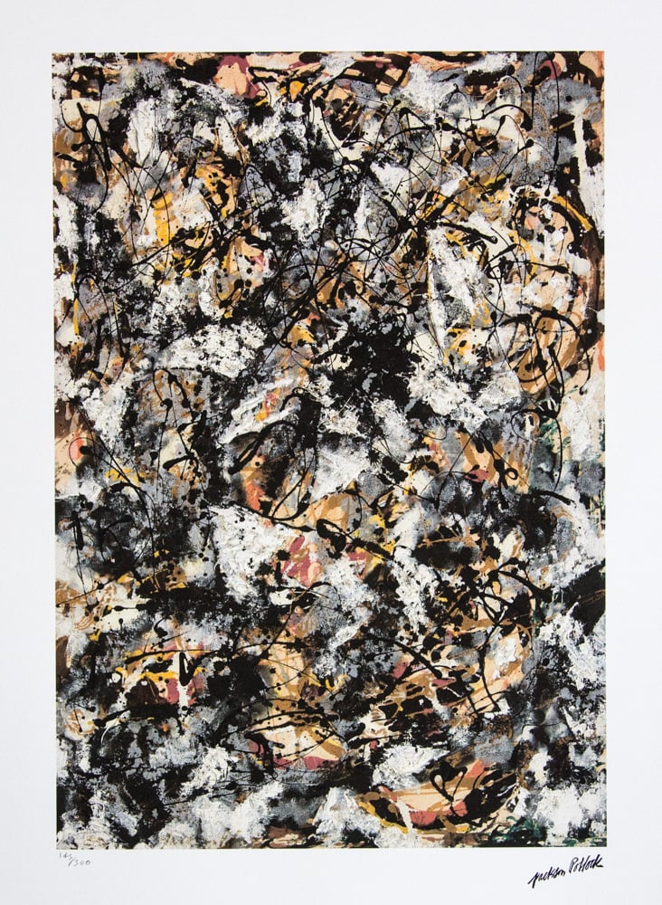 Jackson Pollock 'Composition with Red Strokes': Jackson Pollock (after) 'Composition with Red Strokes' lithography print, sheet size 50 x 70 cm, plate signed bottom right, numbered with pencil bottom left, limited edition 145/300, with embossing st