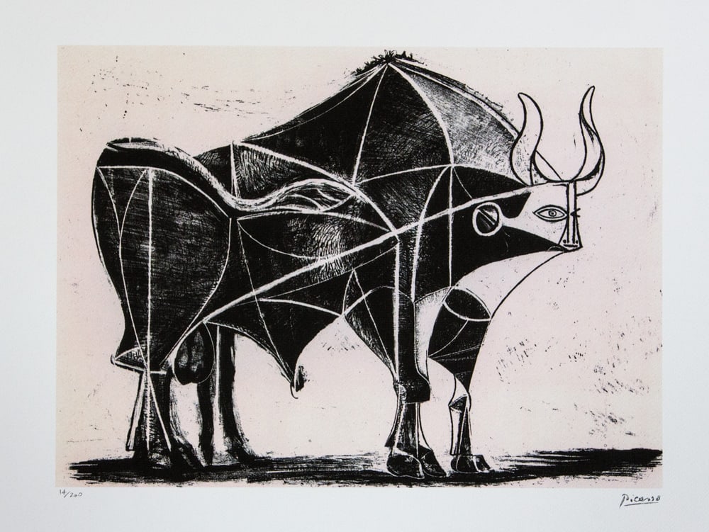 Pablo Picasso 'The Bull': Pablo Picasso (after) 'The Bull' lithograph print, limited edition of 200, sheet size 50 x 70 cm, plate signed bottom right, numbered with pencil bottom left 14/200, wove paper with Pablo Picasso
