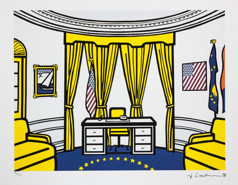 Roy Lichtenstein „The Oval Office": Roy Lichtenstein (after) „The Oval Office" limited edition of 150, lithography print, plate signed bottom right, numbered with pencil bottom left 16/150, heavy paper, with „STYRIA Studio”