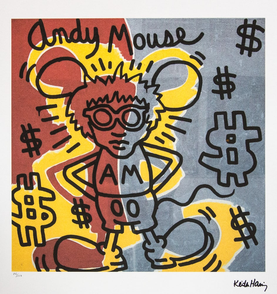 Keith Haring 'Andy Mouse': Keith Haring (after) 'Andy Mouse' offset lithography, limited edition of 150, sheet size 50 x 70 cm, plate signed bottom right, numbered with pencil bottom left 116/150, cotton paper, Keith Haring