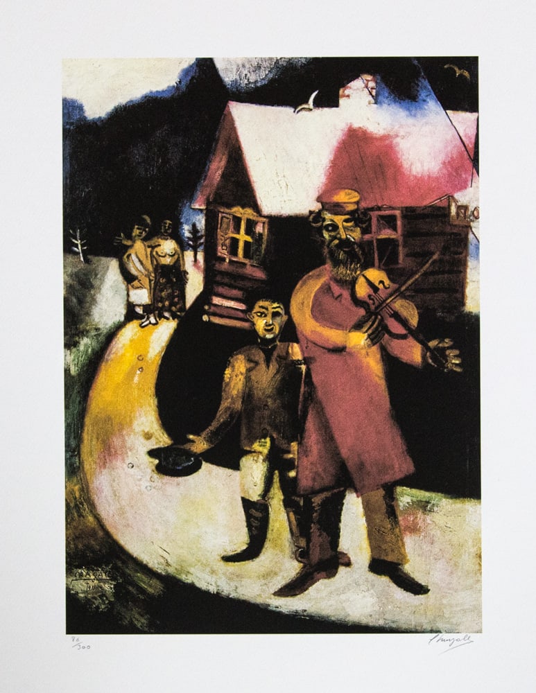 Marc Chagall 'The Fiddler 1914': Marc Chagall (after) 'The Fiddler 1914' offset lithograph, signed bottom right, numbered with pencil bottom left, limited edition 86/300, bottom left embossing stamp 'SPADEM Paris' heavy cotton