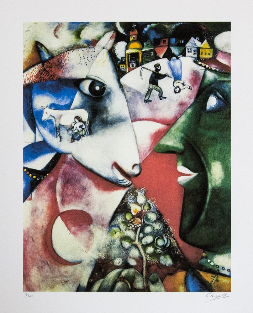 Marc Chagall 'I and the Village': Marc Chagall (after) 'I and the Village' offset lithograph, signed bottom right, numbered with pencil bottom left, limited edition 10/300, bottom left embossing stamp 'SPADEM Paris' heavy cotton
