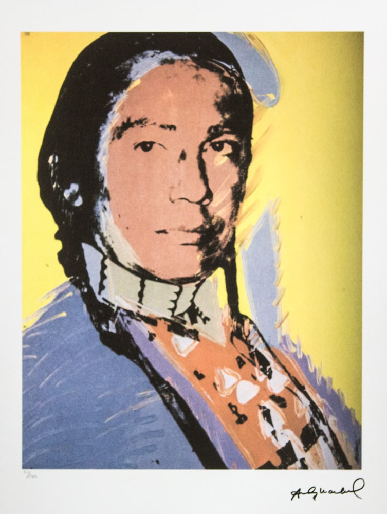 Andy Warhol 'The American Indian': Andy Warhol (after) 'The American Indian' offset lithograph in colors on Arches paper, sheet size 38,5 x 57 cm, plate signed bottom right, numbered with pencil, limited edition 51/100 (Leo Castelli, A