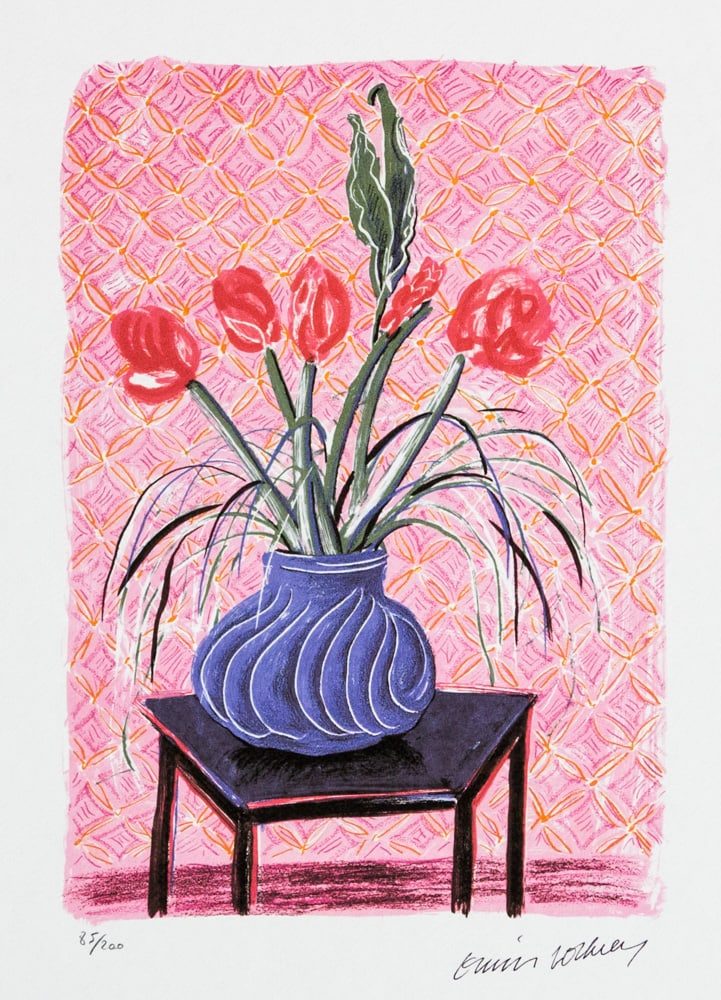 David Hockney 'Amaryllis in Vase': David Hockney (after) 'Amaryllis in Vase' limited edition of 200, lithography print, plate signed bottom right, numbered with pencil bottom left 85/200, heavy cotton paper, with embossing stamp