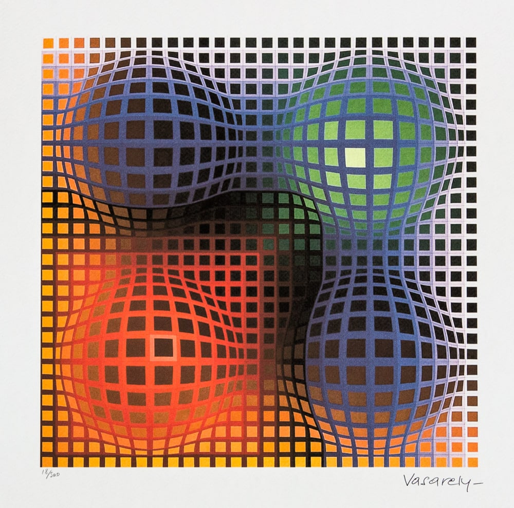 Victor Vasarely 'Vega Arny': Victor Vasarely (after) 'Vega Arny' limited edition of 500, lithography print, plate signed bottom right, numbered with pencil bottom left 18/500, heavy cotton paper, with embossing stamp 'SPADEM,