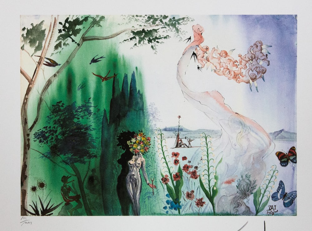 Salvador Dali 'Spring': Salvador Dali (after) 'Spring' offset lithography, sheet size 50 x 65 cm, heavy paper with watermark BFK Rives France, signed bottom right, pencil 'Dali', numbered with pencil bottom left ML/MM,