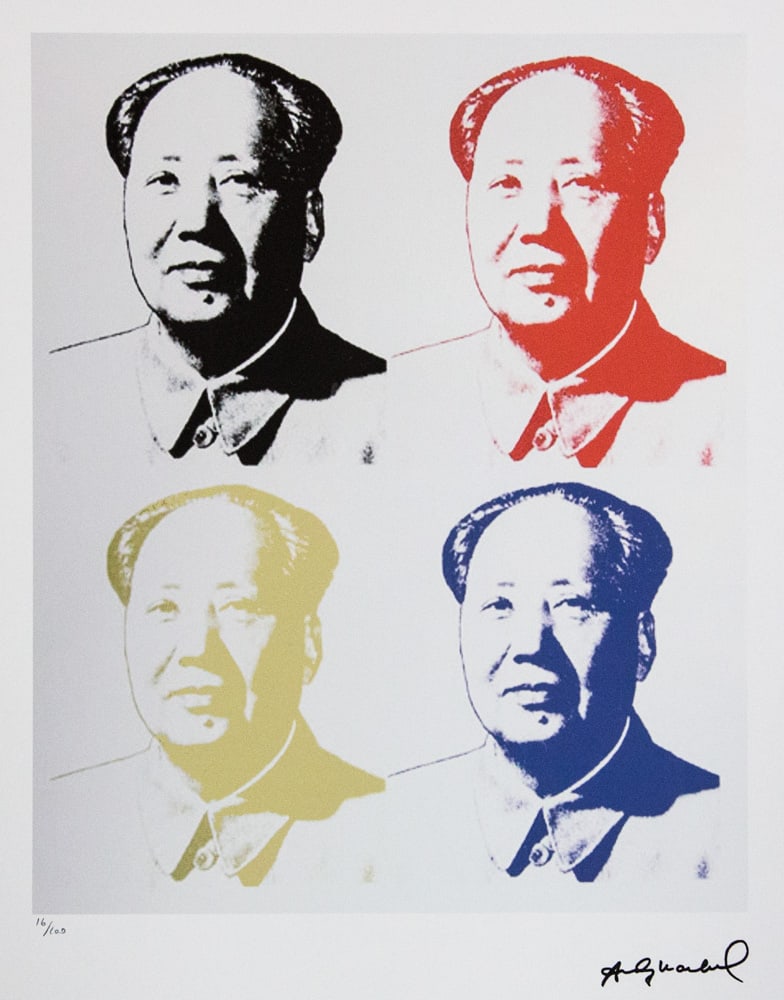 Andy Warhol 'Mao': Andy Warhol (after) 'Mao' offset lithograph in colors on Arches paper, sheet size 38,5 x 57 cm, plate signed bottom right, numbered with pencil, limited edition 16/100 (Leo Castelli, Art Gallery New Y