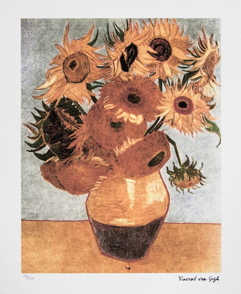 Vincent van Gogh 'Sunflowers': Vincent van Gogh (after) 'Sunflowers' lithography print, sheet size 50 x 70 cm, plate signed bottom right, numbered with pencil bottom left, limited edition 177/250, with embossing stamp 'SPADEM,