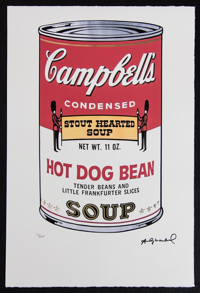 Andy Warhol 'Campbell’s Soup - Hot Dog Bean': Andy Warhol (after) 'Campbell’s Soup - Hot Dog Bean' offset lithograph in colors on Arches paper, sheet size 38,5 x 57 cm, plate signed bottom right, numbered with pencil, limited edition 32/100 (Le