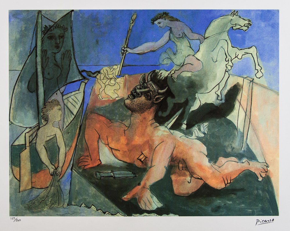Pablo Picasso 'Dying Minotaur': Pablo Picasso (after) 'Dying Minotaur' lithograph print, limited edition of 200, sheet size 50 x 70 cm, plate signed bottom right, numbered with pencil bottom left 173/200, wove paper with Pablo